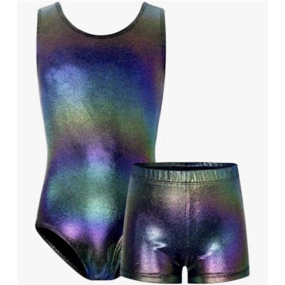 Kids Girls Gymnastic Dance Outfit Sleeveless Leotard & Shorts Set Dancewear 5-6t